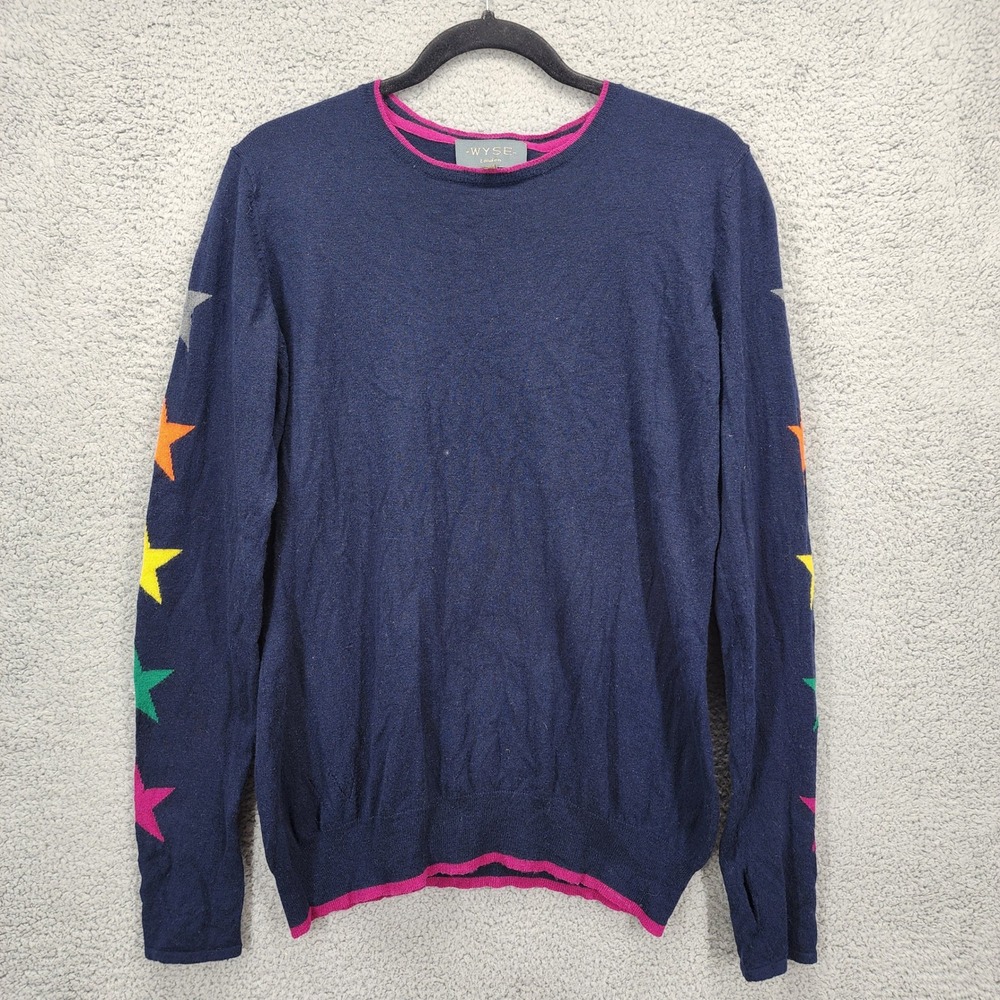 WYSE London Navy‎ Blue 100% Wool Sweater Multi Color Stars Pink Trim Sz 3 US M/L